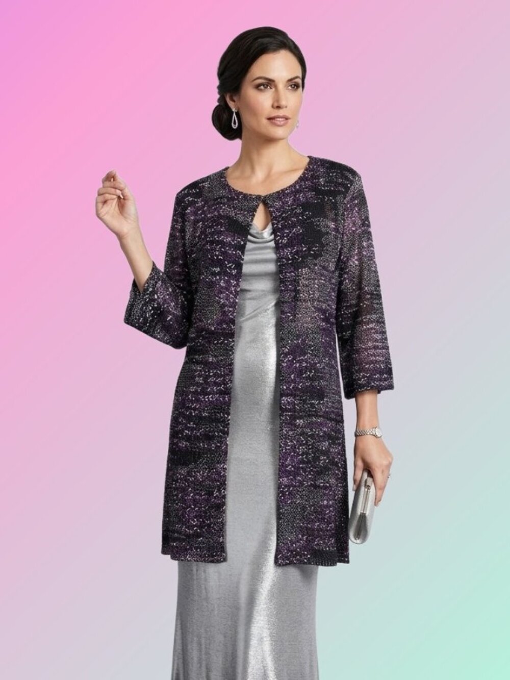 KASPER Semi-sheer Open Front Layering Cardigan Duster Purple Charcoal Grey Sz 3X